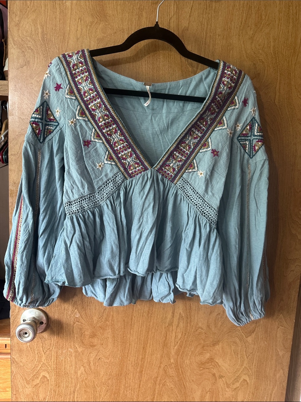 Free People Light Blue Embroidered V-Neck Tunic